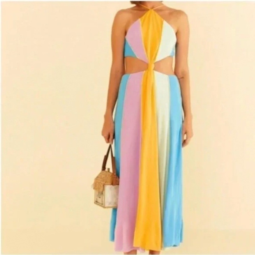 Farm Rio Colorblock Cutout Halter Maxi Dress Multi Color Open Back Boho Summer - Picture 6 of 8